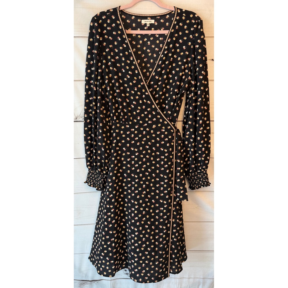 Max Studio Women Black Abstract Dot Print Long Sleeve Wrap Midi Dress XL 9908C60